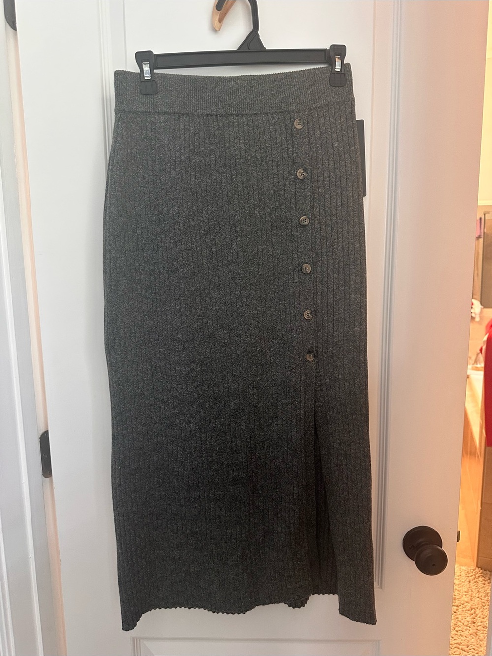 Ribbed Button-Front Knit Midi Skirt - Charcoal Gray